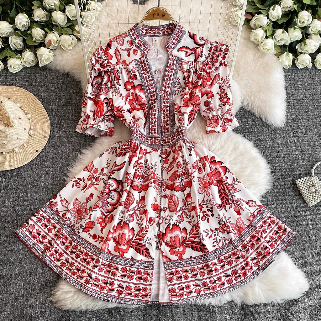 Летнее женское дизайнерское винтажное платье с принтом, элегантное однобортное вечернее платье с v-образным вырезом