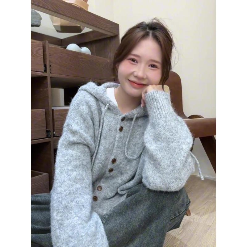 Осень и зима новый мягкий восковой ленивый ветер с капюшоном вязаный кардиган свитер женский высококачественный свободный однобортный пальто топ