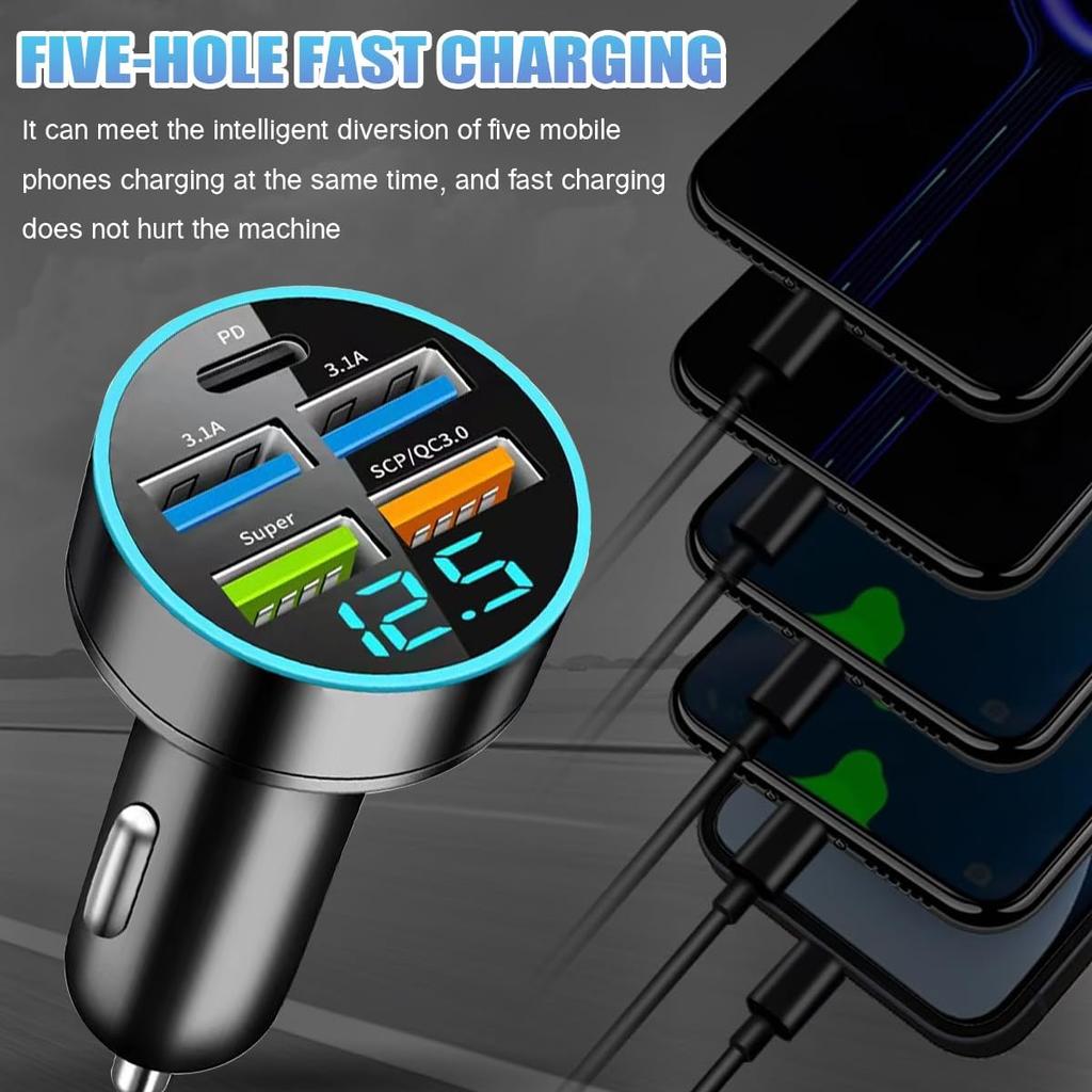 66W 5 Port Car Charger, 12-24V Quick Charge Automotive Fast Charging with USB PD Super QC 3.0 Cigarette Lighter Plug, Universal for SUV Truck RV 15
