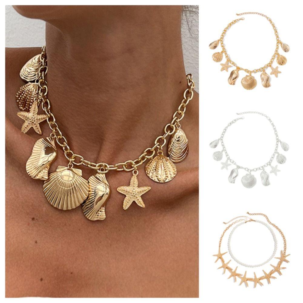 Beach Style Pearl Shell Necklace Elegant Exaggerate Metal Necklace Starfish Necklace Summer
