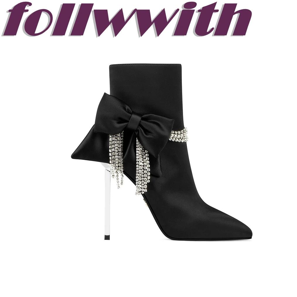 Шелковый бант, стразы, ботинки на молнии сбоку, острый носок, слипоны, шпилька, металлический каблук, платье, осень, новинка, женская обувь