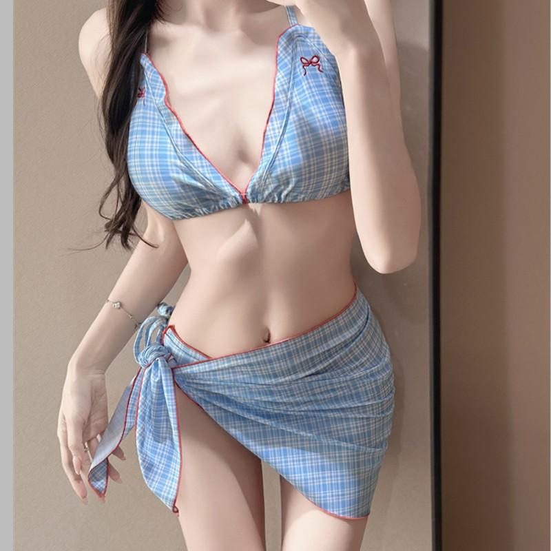 Korean Ins Style Swimsuit Women's Split Plaid Bikini Thailand Hot Three-piece