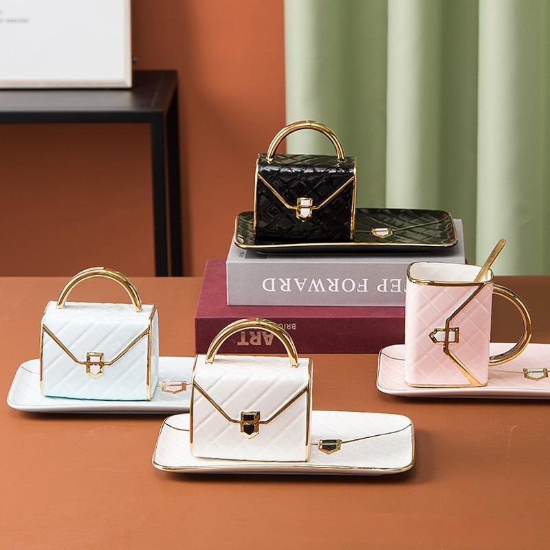 Gift Coffee Cup and Saucer Set Ceramic Creative Bag Shape Snack Coffee Cup Set Business Gift Mug, Gold-painted Ceramic Mug