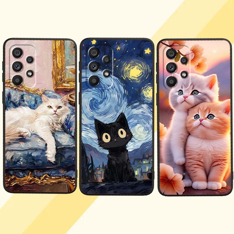 Милая мультяшная кошка Иллюстрация Чехол для телефона Для Samsung A73 A72 A71 A55 A54 A53 A52 A51 A13 A22 A16 A15 A12 A14 A26 A07 5G Черный
