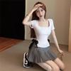 Square collar pure desire sweet spice girl showing collarbone short sleeve T-shirt women's split fork bow slim fit unique chic top