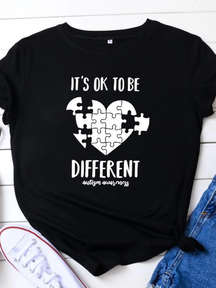 Футболка Be Different Jigsaw Heart Print Женская футболка с коротким рукавом и круглым вырезом Свободная женская футболка Женская футболка Топы Camisetas Mujer