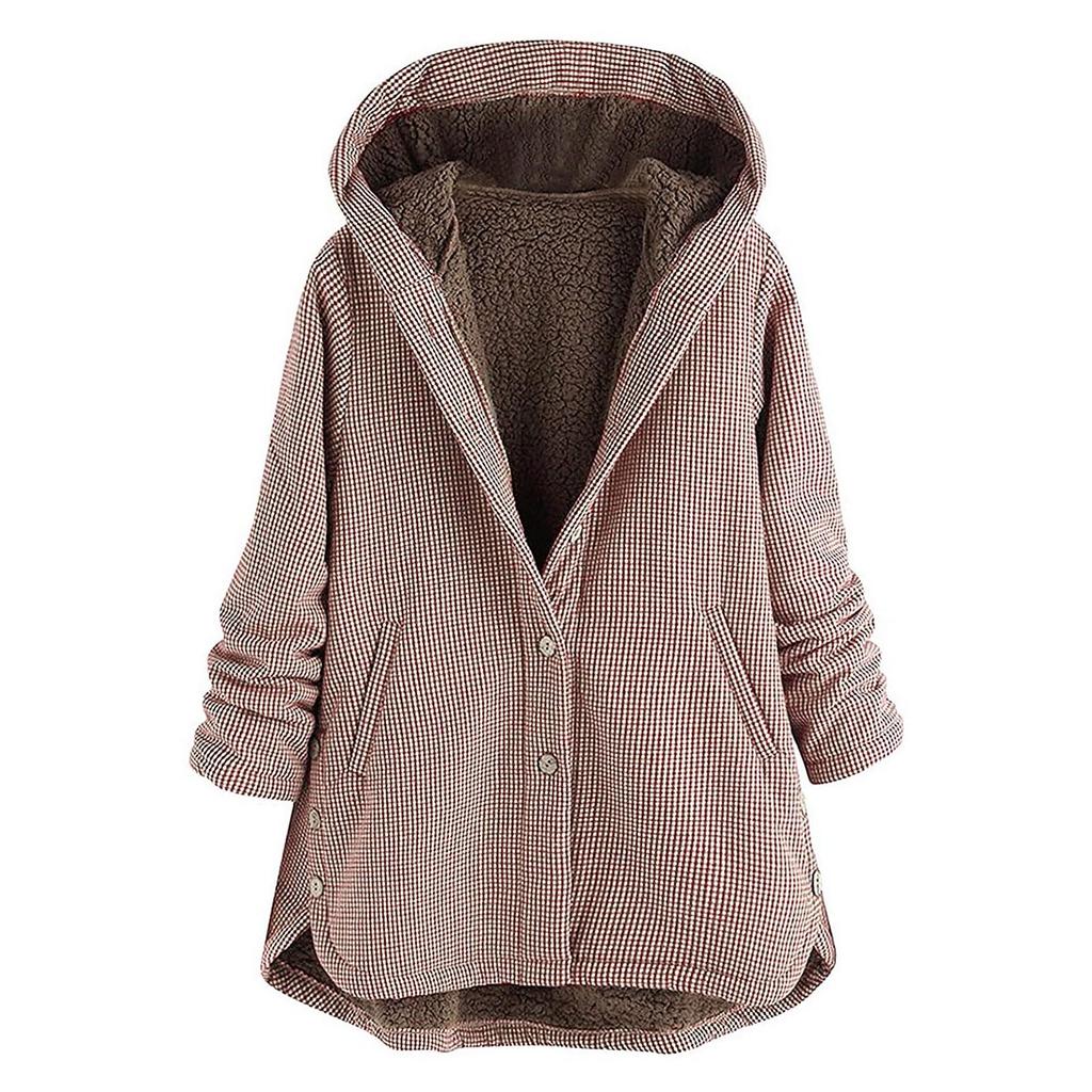 Plus Size Winter Warm Women Vintage Plaid Asymmetrical Button Hooded Outwearcoat