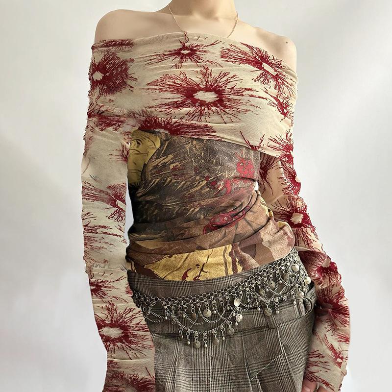 Растительный ретро сетчатый пэчворк одно плечо короткий топ сексуальный контрастный цвет приталенный крой длинный рукав рубашка для пикантных девушек футболки женские