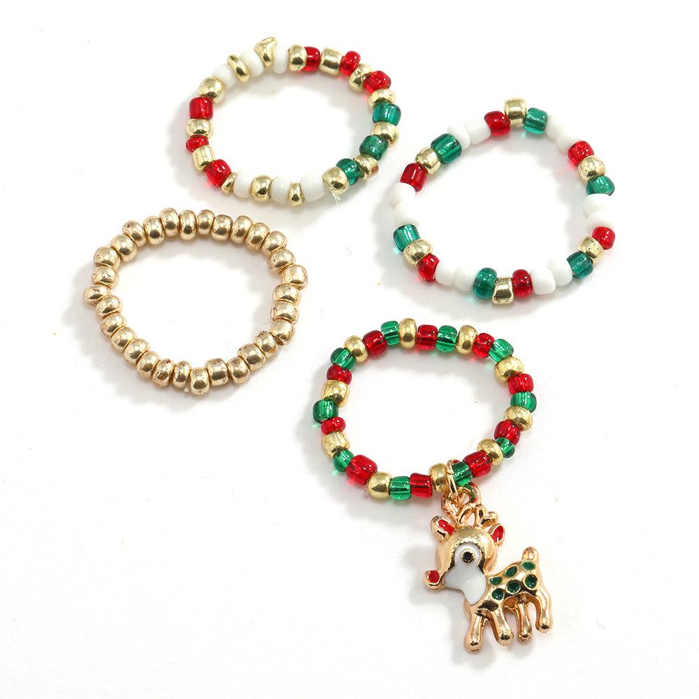 Рождественская серия Цветные рисовые бусины 4-х частей набор колец, Тренд эластичное кольцо для женщин