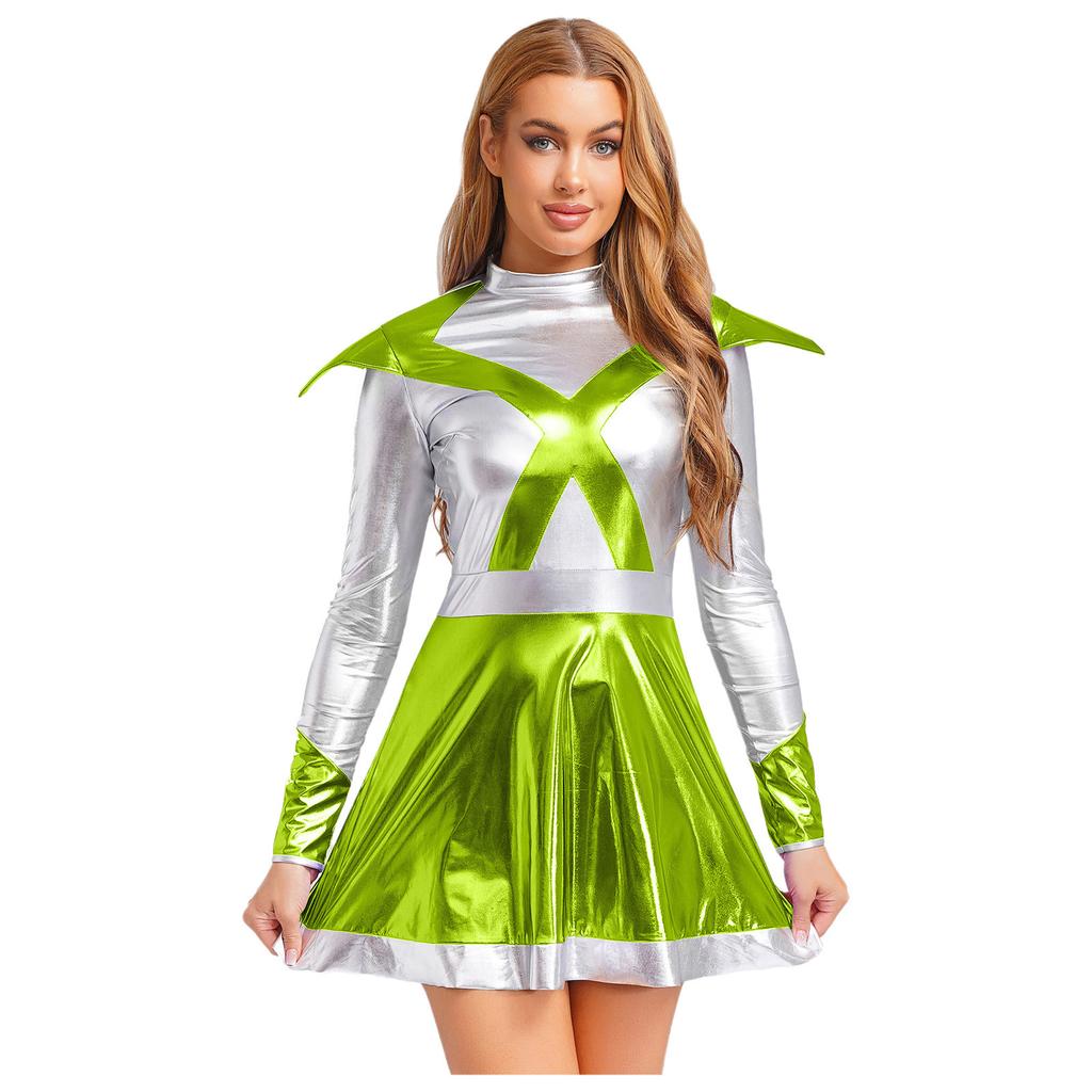 Womens Alien Astronaut Cosplay Dress Long Sleeve Flap Contrast Color Metallic Shiny A-line Space Warrior Dress