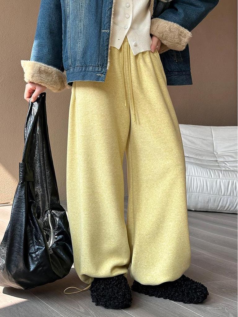 Juzhi 2024 Autumn/Winter Korean High-Waist Slim Casual Retro Plus Velvet Wide-Leg Pants
