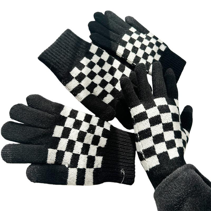 Осень и Зима Студенческие Плюшевые Перчатки в Клетку Милые Теплые Шерстяные Вязаные Перчатки Сенсорные Перчатки для Пары