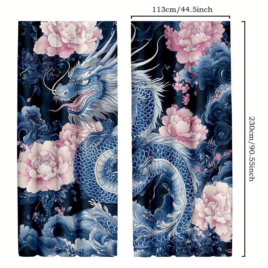 2pcs Japanese Dragon and Flower Curtains, Ancient Mythical Creatures Window Drapes