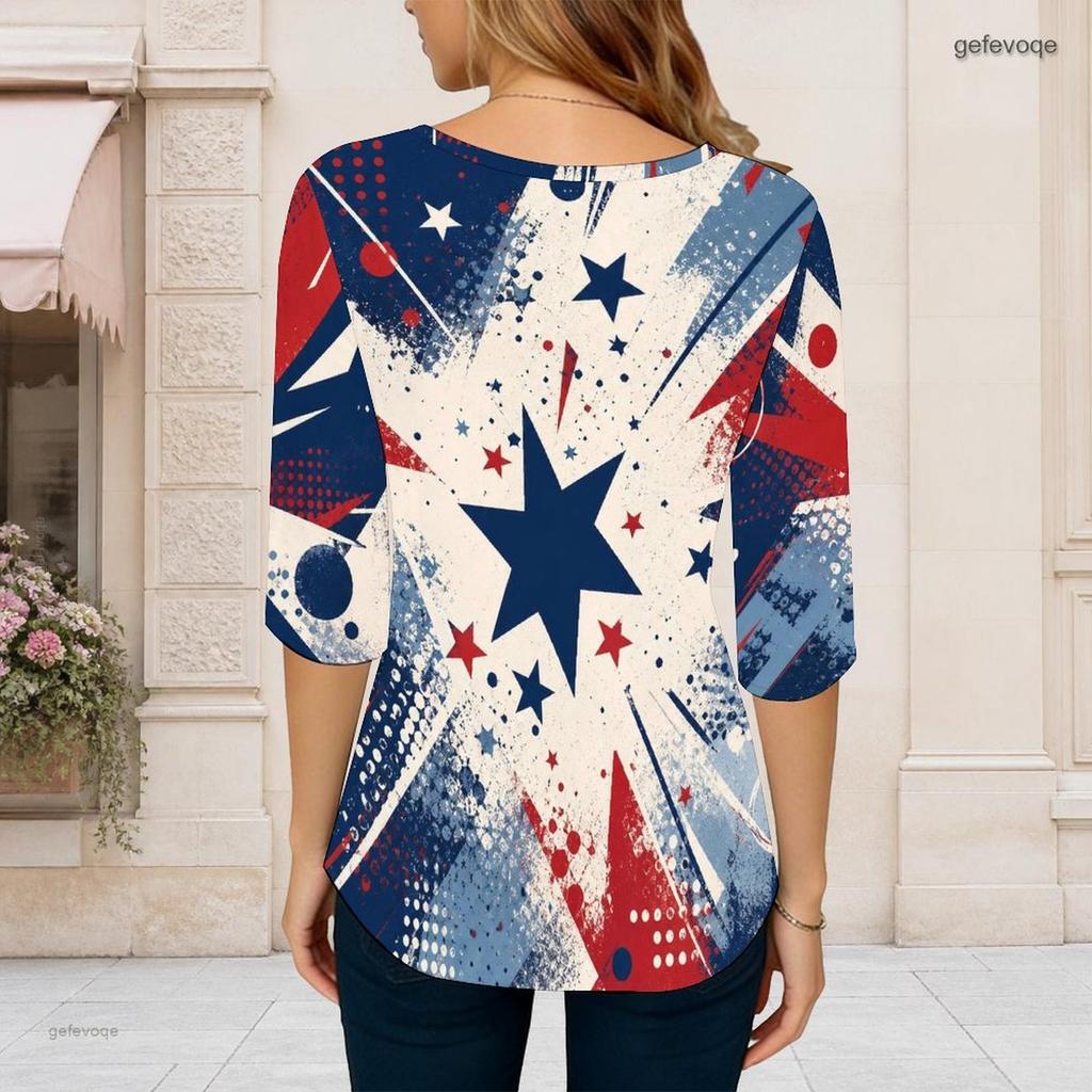 Women Plus Size Round Neck Three Quarter Sleeve Printed T Shirt Red Navy Silver Star Pattern Curved Hem