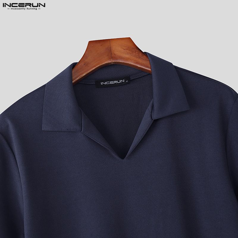 INCERUN Мужские футболки с лацканами, коротким рукавом, однотонные, повседневные, приталенные