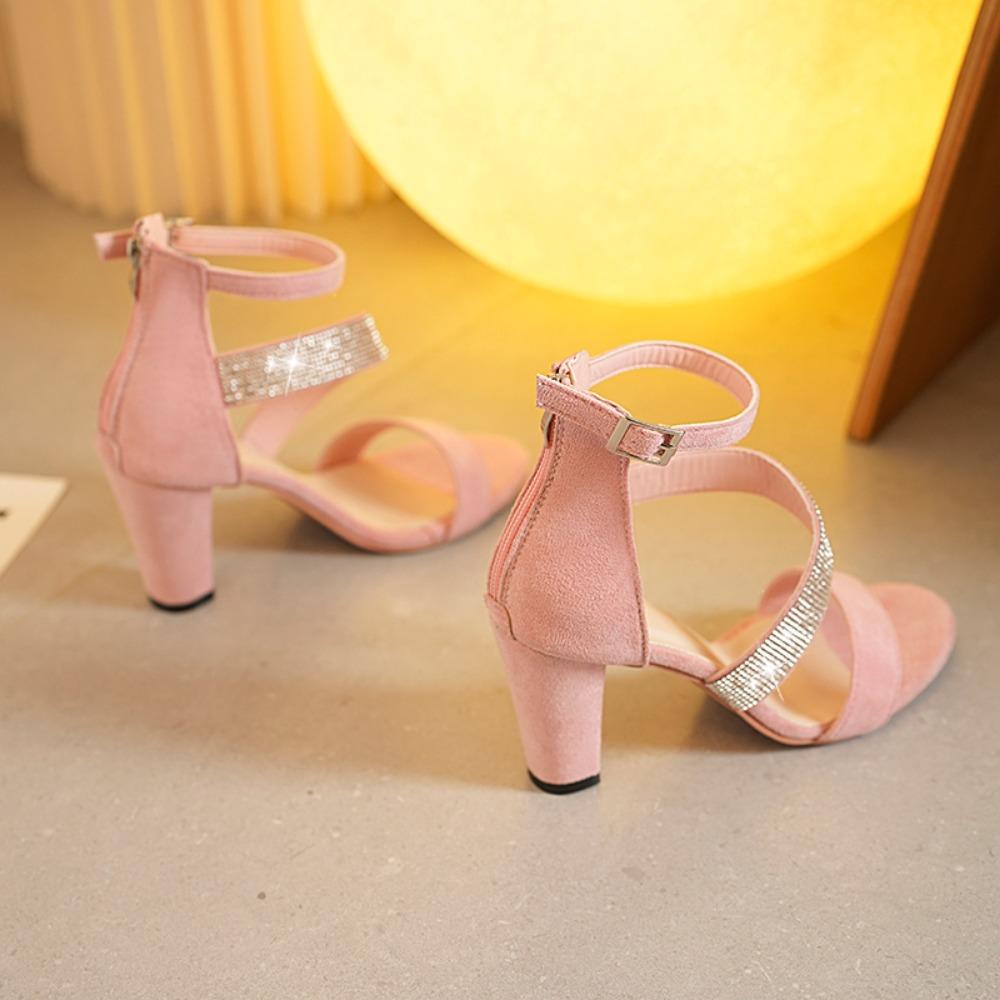 2024 Новые модные босоножки на высоком каблуке с плюшевой отделкой Water Diamond Rear Zipper Sandals