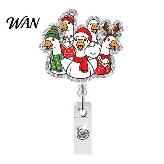 Back to School Badge Reel Christmas Goose Retractable Holder, 360 Degree Rotating Clip Durable Lightweight Cord, Acrylic for Office And Staff