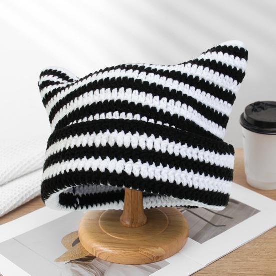 Autumn Winter Outdoor Warm Knitting Caps Cute Striped Cat Ear Hat No Brim Thickened Stretchy Yarn Knitted Beanie Hat