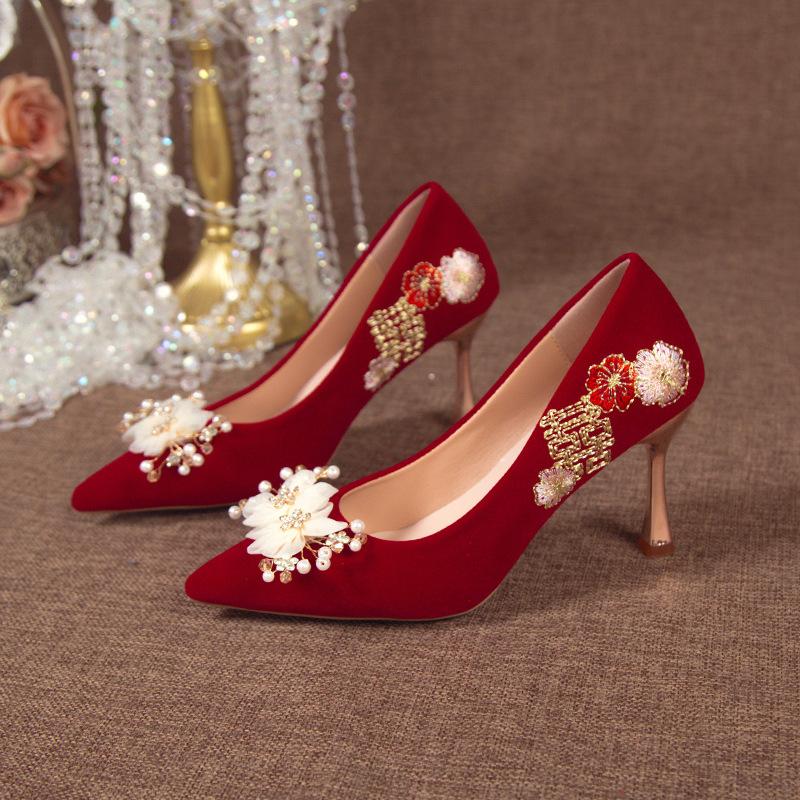 Свадебная обувь 2025 осень новая тонкий каблук темперамент бордовый сценическая одежда праздничная свадебная обувь вышивка цветами высокие каблуки