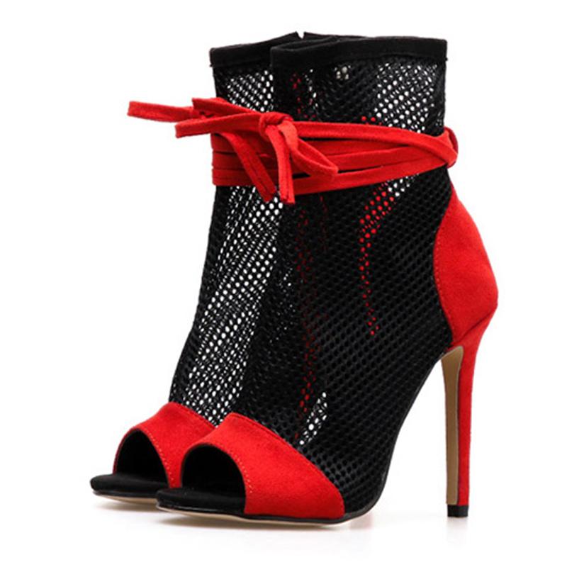 Весенне-осенние новые пикантные ботильоны в сетку, сандалии, женские туфли с открытым носком на шпильке, модная женская обувь для клубных танцев на молнии и шнуровке