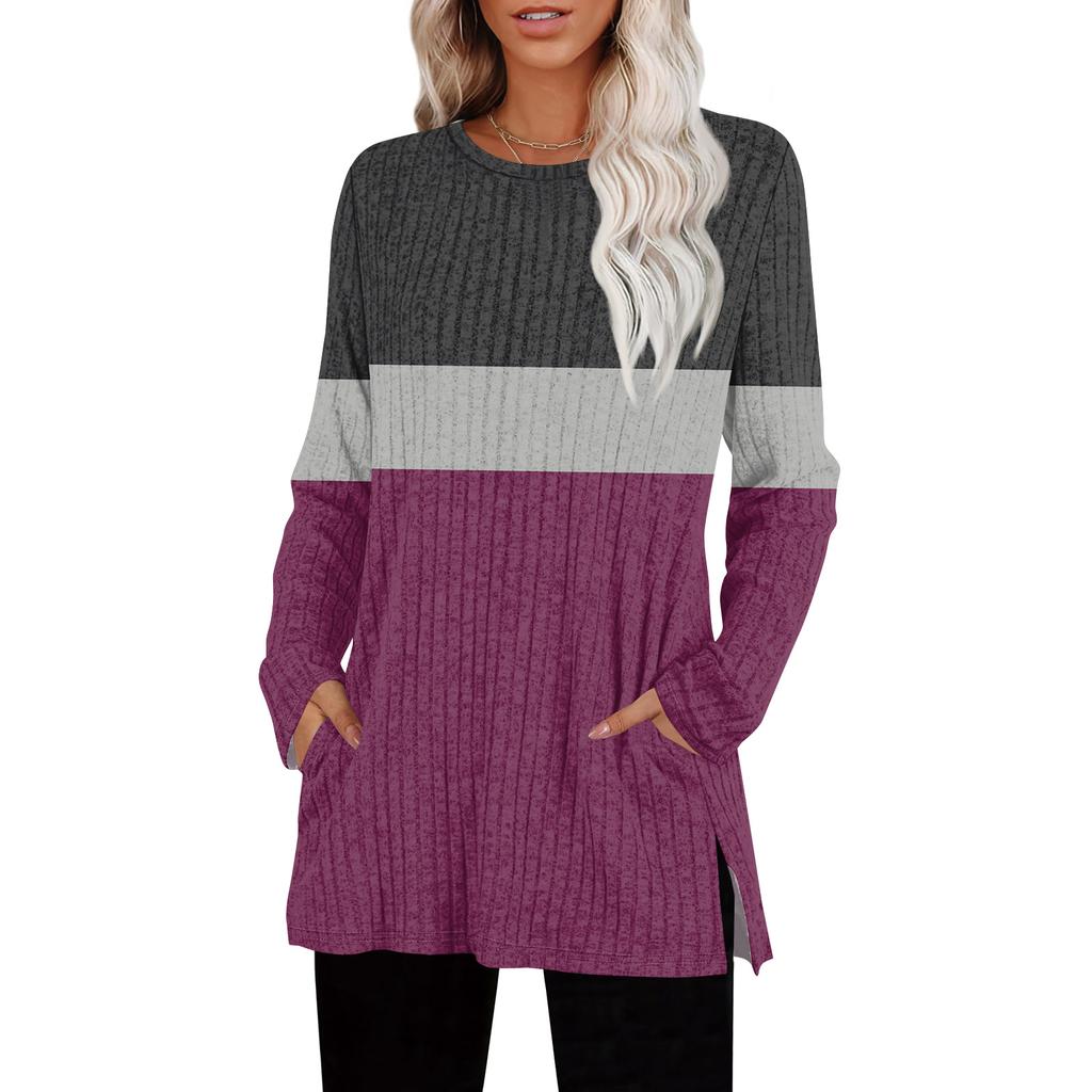 Женские свитера с круглым вырезом, рубашки с длинным рукавом и карманами, осенние наряды, модная зимняя одежда, боковой разрез