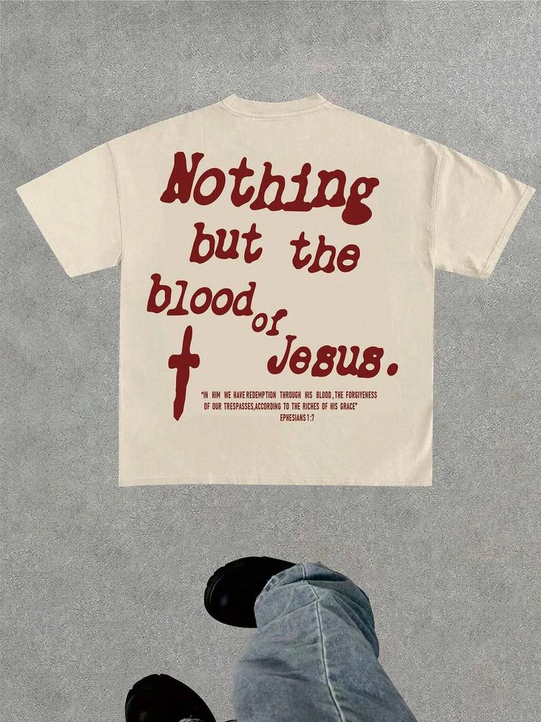 2025 Men's nothing but the blood of jesus 100% pure Cotton short-sleeved T-shirt with Harajuku pattern print