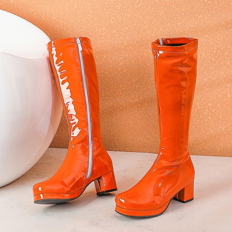 2024 лакированная искусственная кожа, фиолетовые, зеленые, оранжевые, желтые, красные женские туфли, сапоги до колена на платформе и блочном каблуке, женские сапоги до колена, большие размеры 48, 49, 50