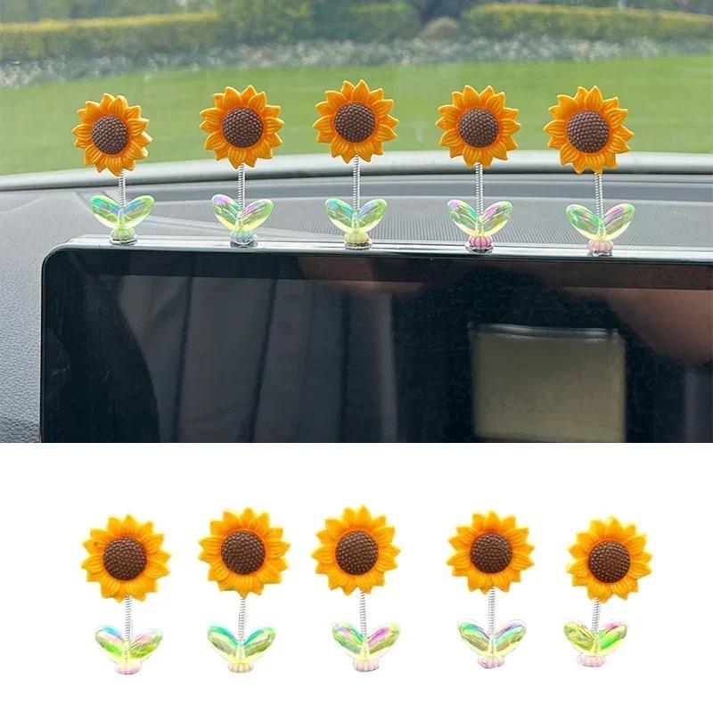 New 5pcs Swinging Sunflower Car Ornaments Refreshing Healing Fresh Flowers Car Center Console Decor Creative Desk Ornaments