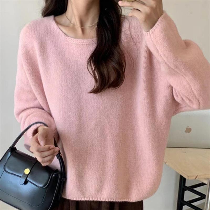 Lazy Wind Knitted Sweater Women's Autumn and Winter New Loose Pullover Gentle Temperament Solid Color Versatile Top