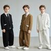 Мальчики Пиджак с вышивкой букв, V-образный вырез, Комплект костюма, Формальная одежда для школьников, Рубашка в полоску, Брюки для свадьбы, Вечеринки, Ведущего, Выступления