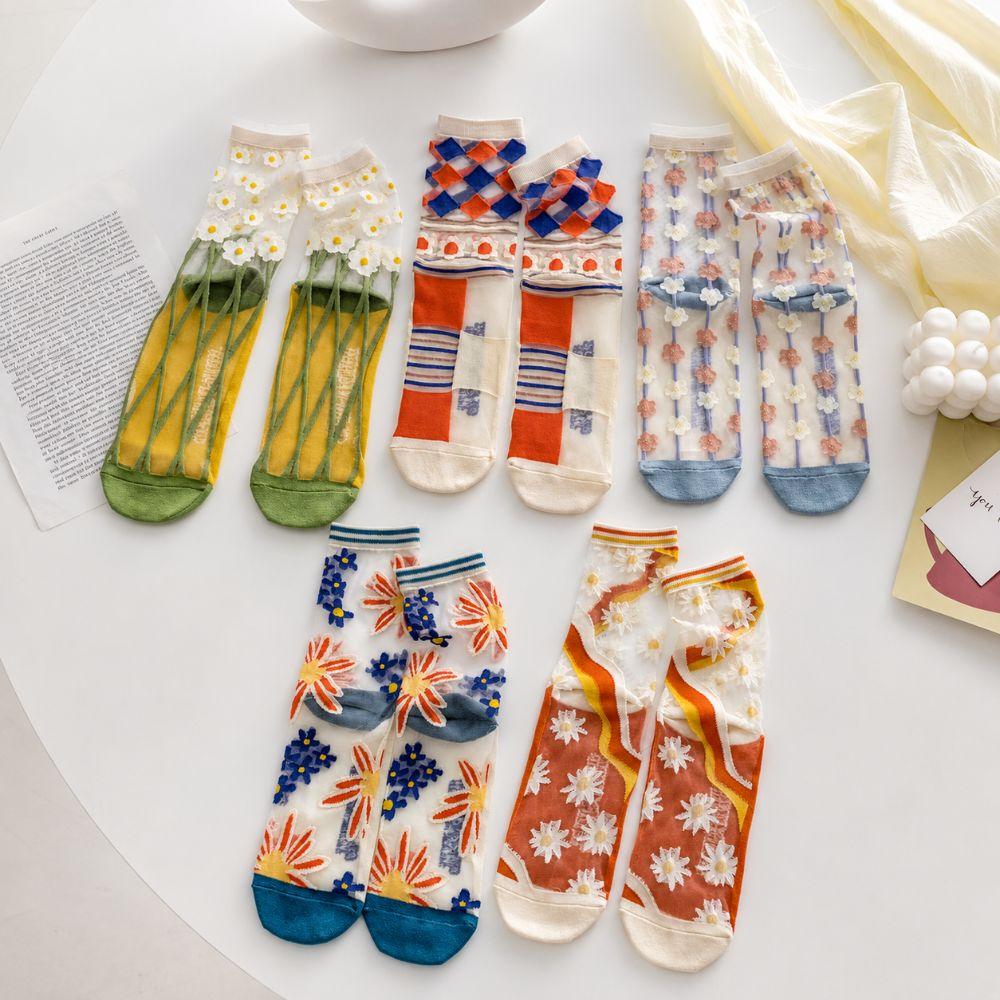 Sweet Floral Print Mid-calf Socks Ultra-Thin Crystal Silk Socks Casual Wear