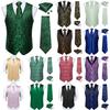 Mens Waistcoat Green Blue Red Paisley Dress Vest Neck Tie Hankie Set Suit Tuxedo