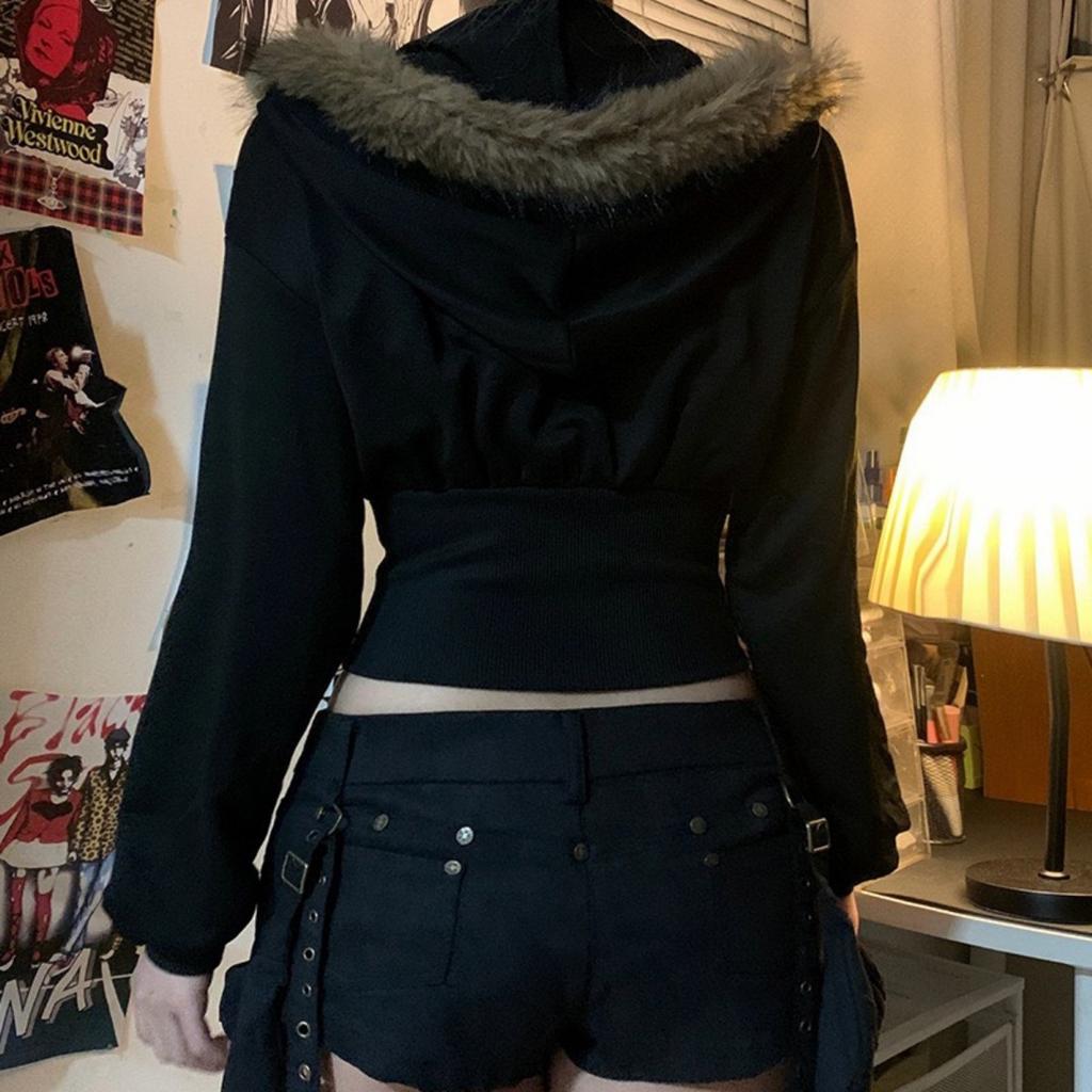 Худи на молнии с меховым воротником, модные облегающие однотонные винтажные женские куртки Y2K, повседневная уличная одежда, шикарная базовая одежда