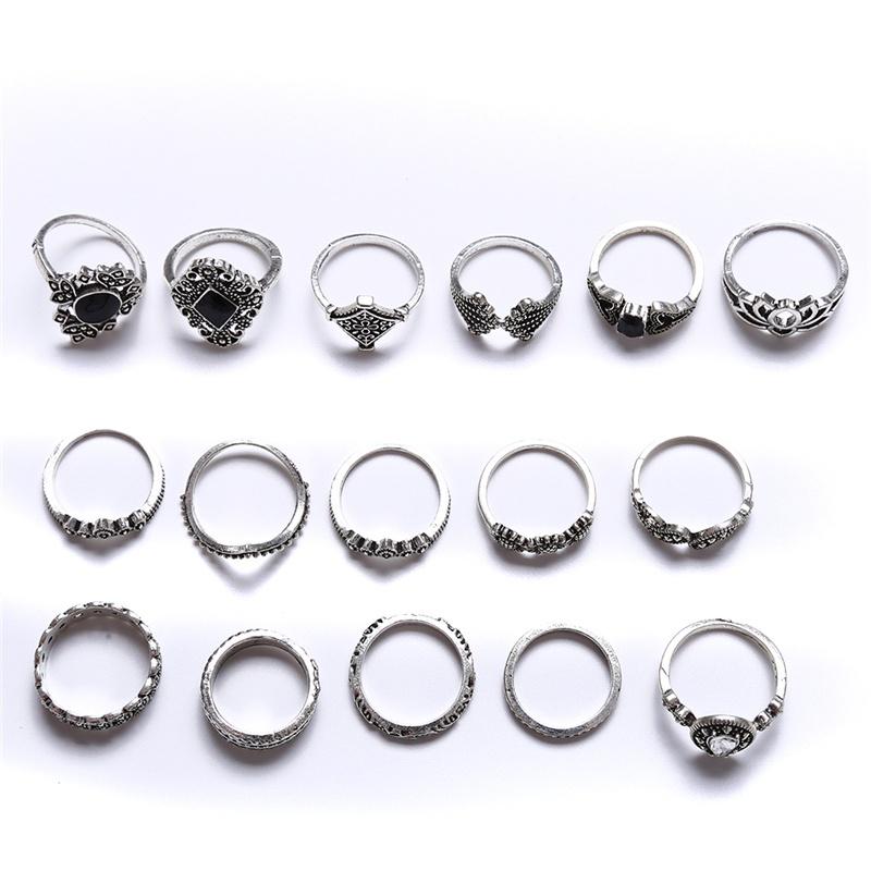Серебро 15 шт. / Набор старинных панк-цветок резьба мини-кольцо на палец для женщин в богемном стиле