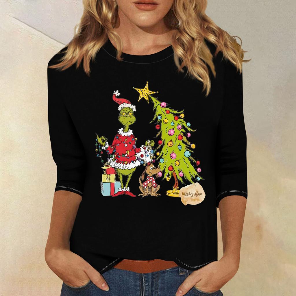 3/4 Sleeve Tops For Women T-Shirt Casual Christmas Print Tops T Shirt Round Neck Pullover Blouse