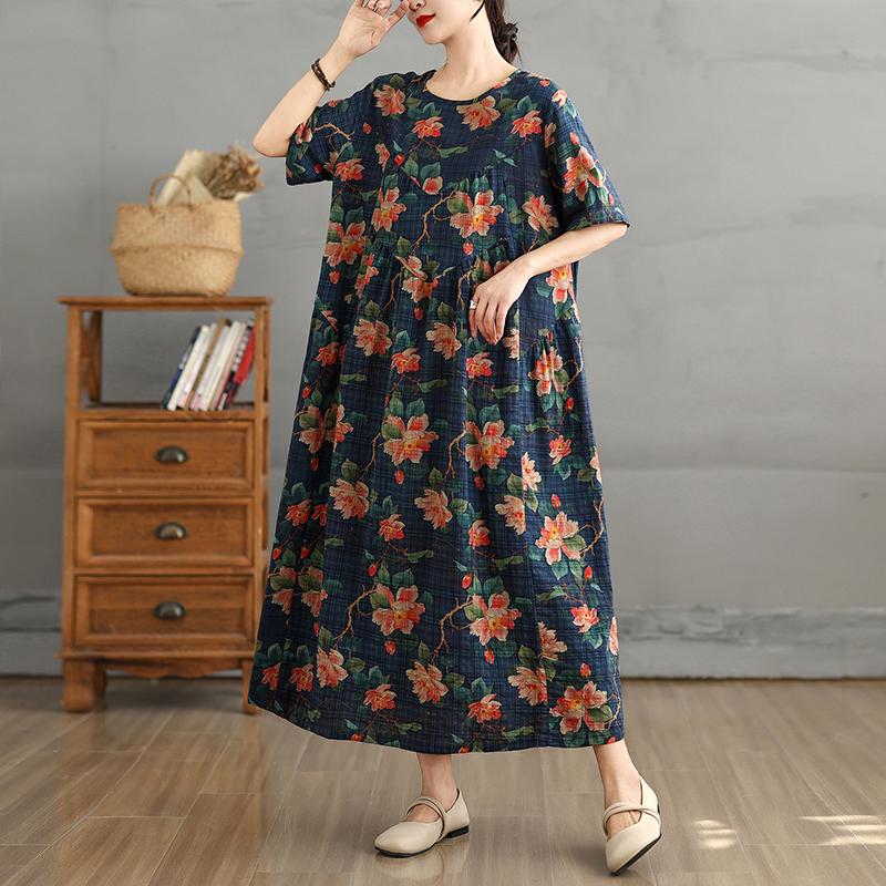 DIMANAF 2025 Летнее Винтажное Платье Большого Размера Женское Повседневное Платье Свободное Базовое С Цветочным Принтом Длинное Платье