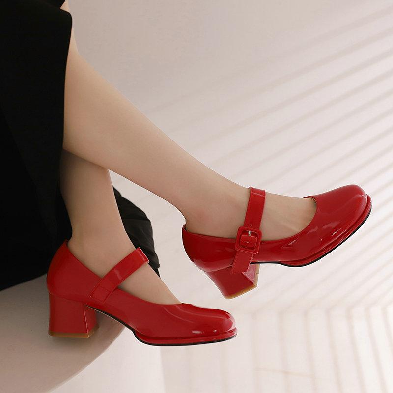 Patent PU Leather Orange Red Closed Toe Women Pumps Big Size 47 48 Mature Lady Office Shoes Buckle Strap Mary Jane Chunky Heels Big Plus Size 48