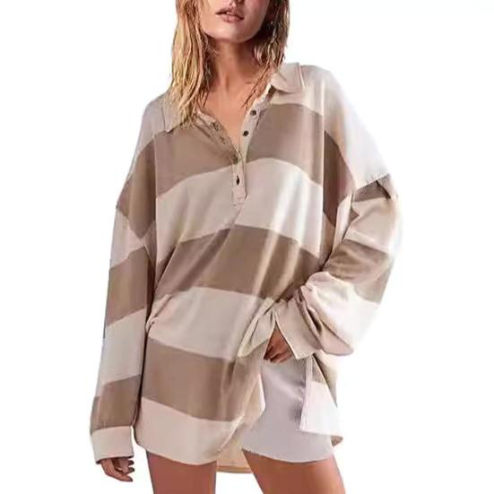 Yousheng Женская толстовка с цветными блоками, полосатым отложным воротником, длинными рукавами, пуговицами, свободным пуловером, повседневная домашняя одежда, спортивная одежда