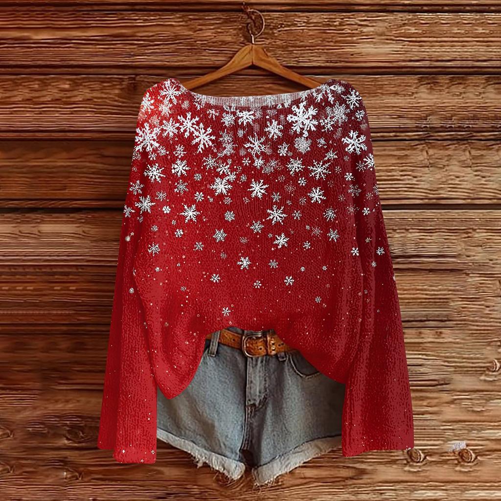 Women's Round Neck Lightweight Sweater Casual Long Sleeve Christmas Print Knit Pullover.