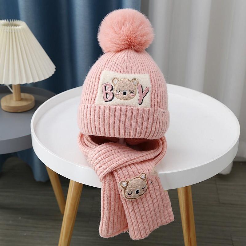 Autumn and Winter Children's Hat Boy Bear Wool Hat Girl Knitted Cotton Warm Baby Hat Scarf Two-piece Set