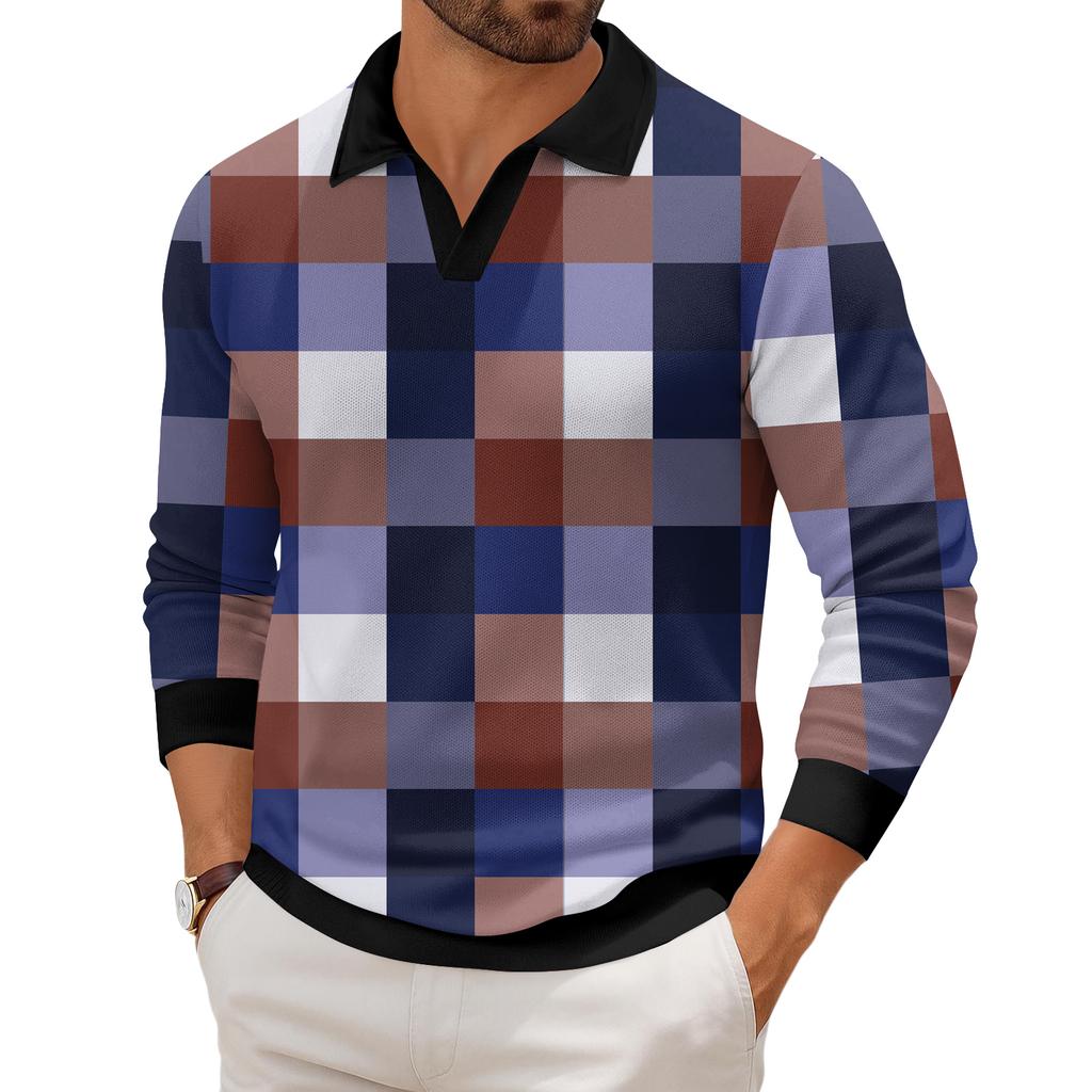 Мужская повседневная модная трикотажная рубашка с длинным рукавом и принтом на лацкане