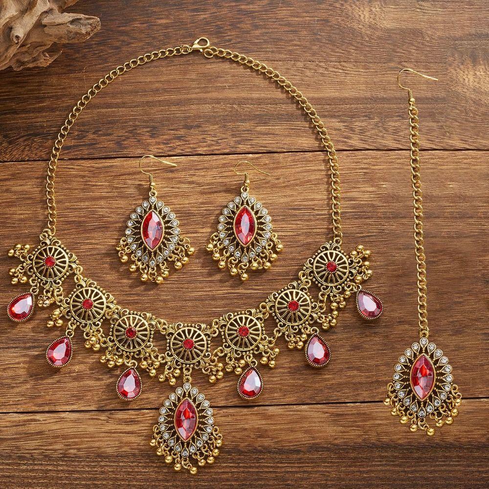 Rhinestone Inlaid Necklace Earrings Set Hollowed Out Forehead Ornament  Bridal