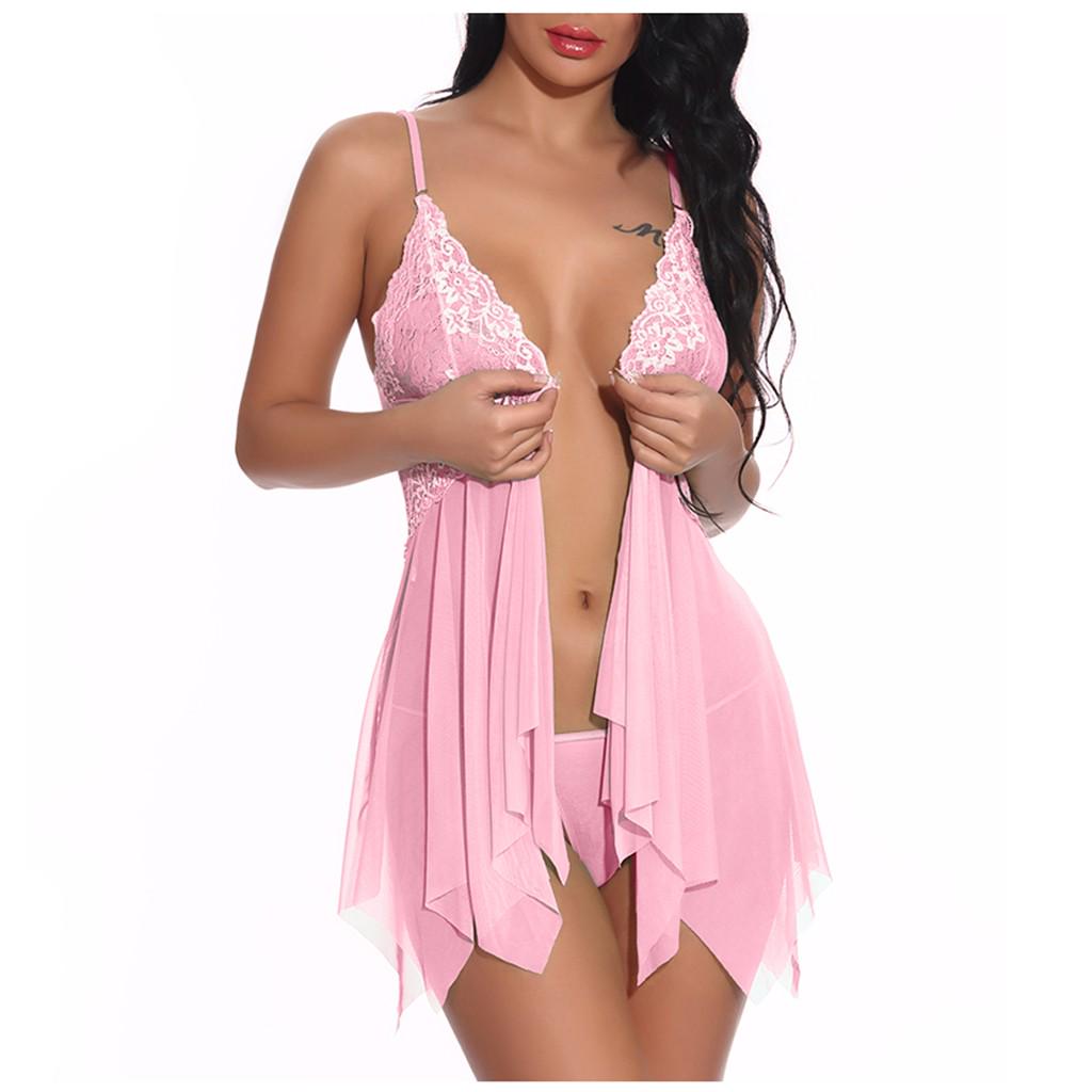 Нижнее белье для женщин с закрытием спереди Кружева Babydoll V-образным вырезом Сетчатое белье для сна