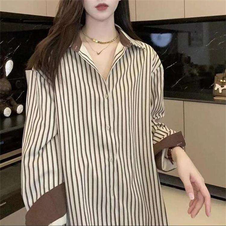Early Spring Clothing Vertical Striped Shirt Female Long-sleeved Design Sense Niche Retro Hong Kong Flavor Stacked Shirt Female Comfortable Clothes