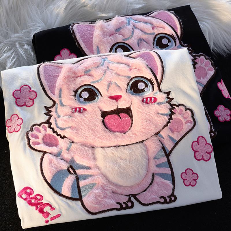 Guochao Оверсайз Футболка с флокированным милым тигром – Унисекс, с коротким рукавом, нишевый дизайн, парные наряды