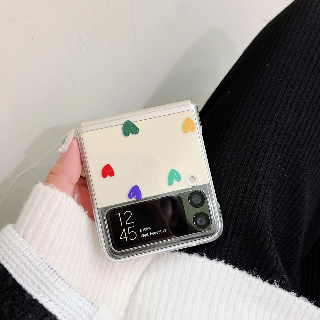 For Samsung Galaxy Z Flip 3 Case Korean Colorful Heart For Samsung Z Flip 4 Zflip4 Luxury Hard Pc Clear Cover With Laser Jam