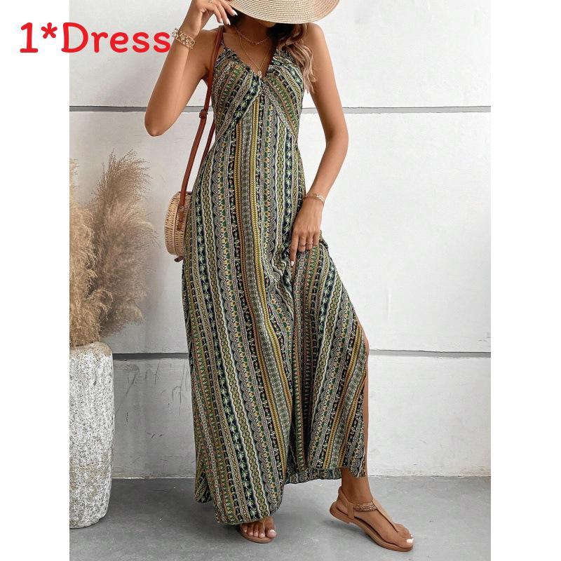 Summer Floral Print Sleeveless Maxi Dress With Zipper For Womens Beachwear