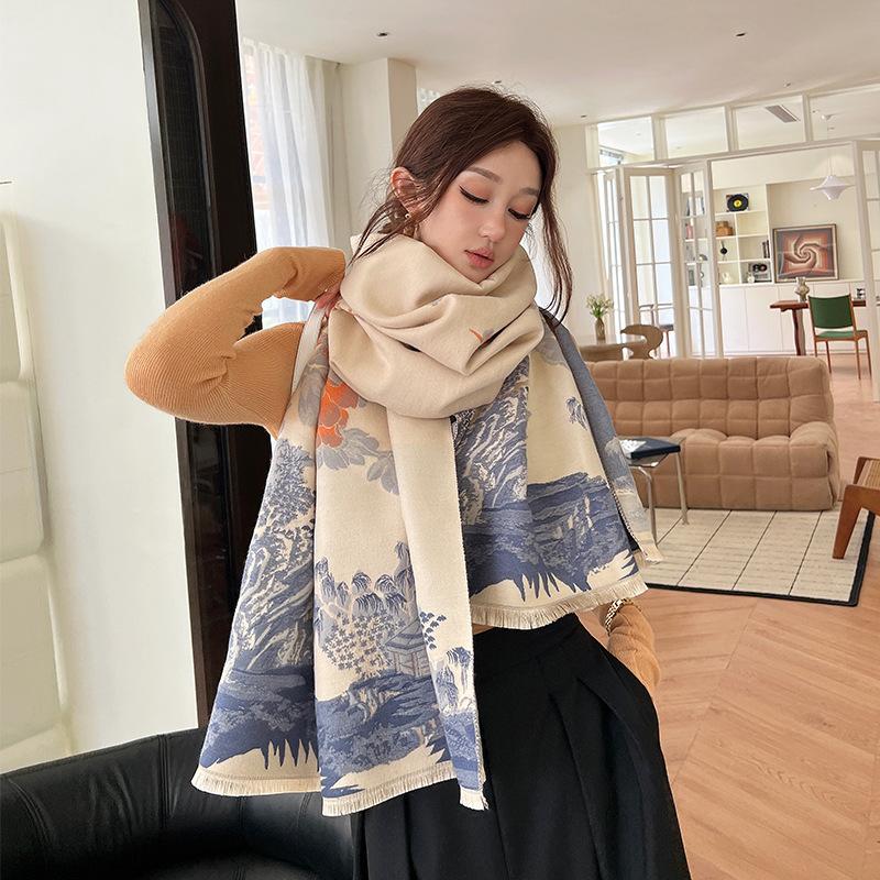 New Winter Imitation Cashmere Scarf for Women Literary Light and Luxurious Style Jiangnan Jacquard Scarf Plus Velvet Warm Shawl