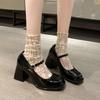 Fashion Mary Jane Single Shoes Women's New Autumn Patent Leather Square Toe Shallow Mouth One Strap Non-Slip Block Heel Pump Shoes