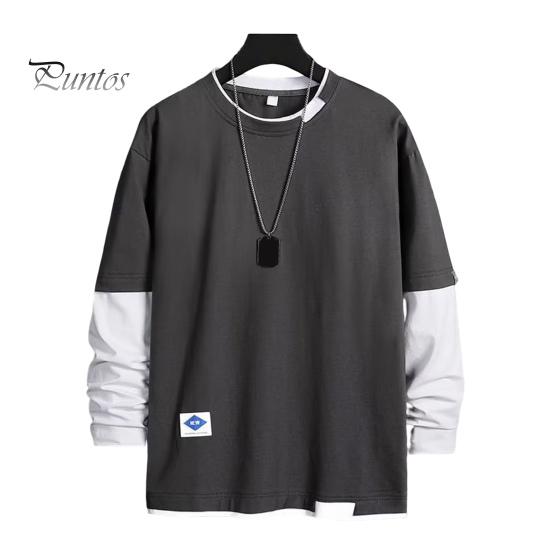 Long Sleeves Men Spring T-shirt Fake Two-piece Round Neck Loose Pullover Fall Top Keep Warm Contrast Color Friendly to Skin Clothes